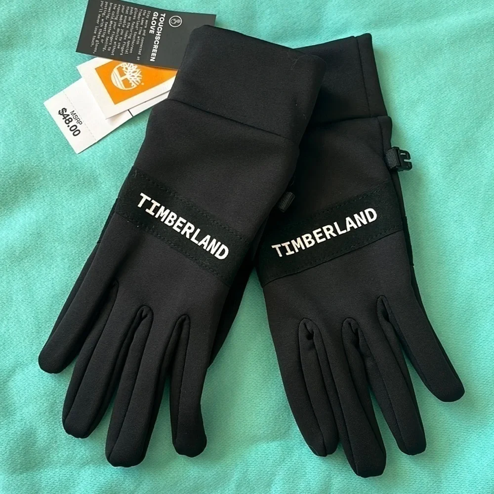 Brand New Timberland Black Touchscreen Gloves White Logo Running Winter